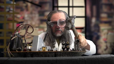 Mad Inventor Repairing Old Electronics in Cinematic Workshop Stock Footage 334062841