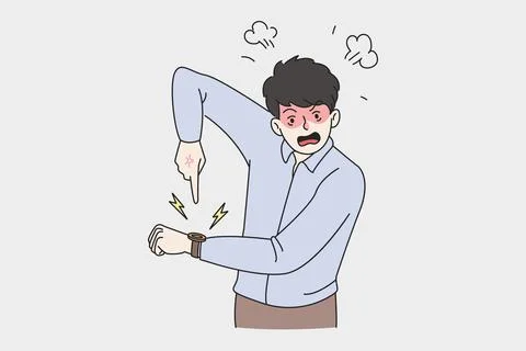 Mad man point at watch notify about work delay Stock Illustration