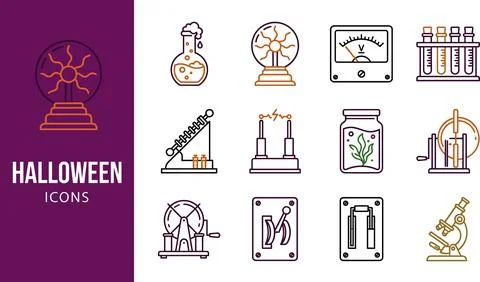 Mad science laboratory icon set featuring plasma ball, test tubes, microsco.. Stockillustratie