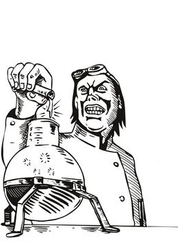 Mad Scientist Pouring Formula from Test Tube to Beaker in Lab Retro Cartoon Styl イラスト素材