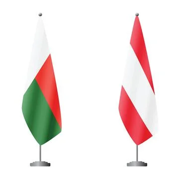 Madagascar and Austria flags on flagpoles for official ceremonies and meetings Stock Illustration