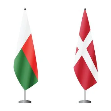 Madagascar and Denmark flags on flagpoles for official ceremonies and meetings Stock Illustration