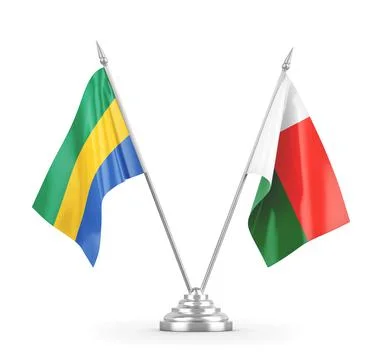 Madagascar and Gabon table flags isolated on white 3D rendering Stock Illustration