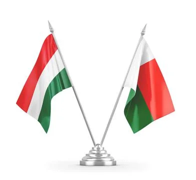 Madagascar and Hungary table flags isolated on white 3D rendering Stock Illustration