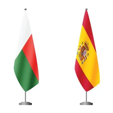 Madagascar and Spain flags on flagpoles for official ceremonies and meetings Stock Illustration