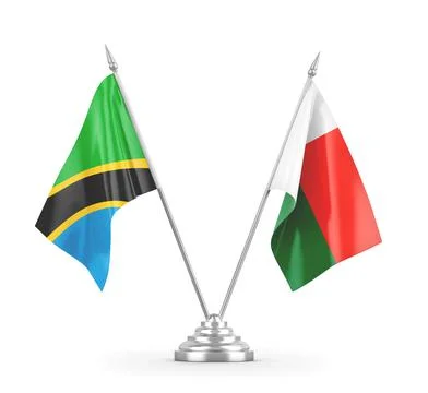 Madagascar and Tanzania table flags isolated on white 3D rendering Stock Illustration