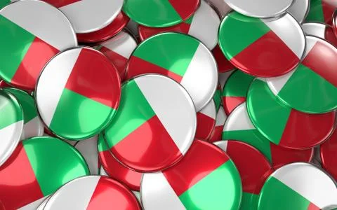 Madagascar Badges Background - Pile of Madagascar Flag Buttons. Illustrazione stock