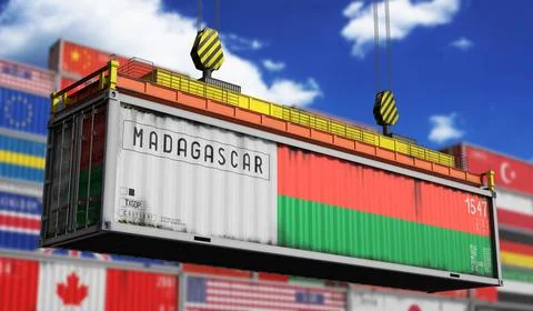 Madagascar - cargo container lifted by crane in terminal - international tr.. Stock Illustration