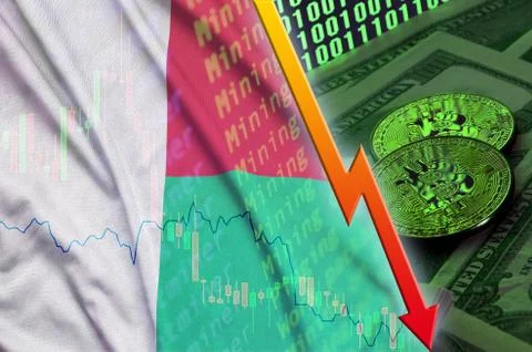 Madagascar flag and cryptocurrency falling trend with two bitcoins on dollar  Foto stock