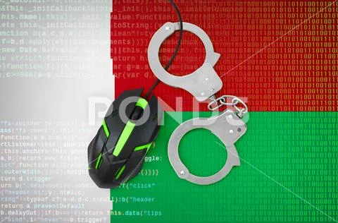 Madagascar flag and handcuffed computer mouse. Combating computer crime, hac Stock Photos