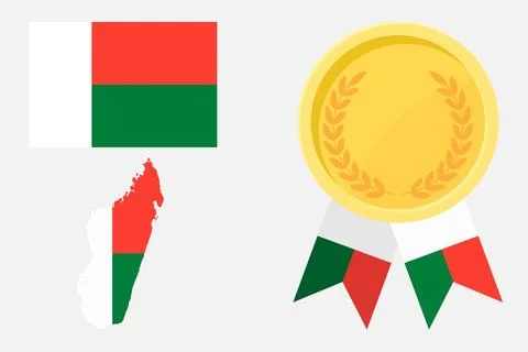 Madagascar flag with map and gold medal in set for web and banners or app a.. Stock Illustration