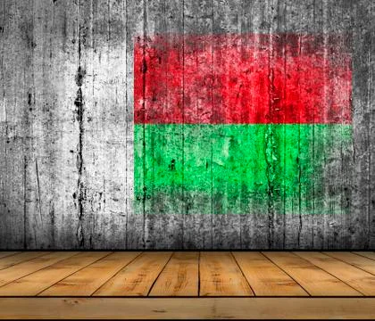 Madagascar flag painted on background texture gray concrete with wooden floor Stock Photos