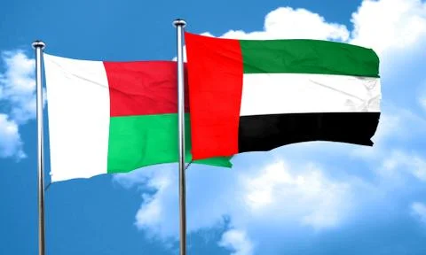 Madagascar flag with UAE flag, 3D rendering Illustrazione stock