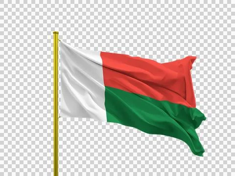 Madagascar flag waving on a golden pole isolated on Transparent Background Stock Illustration