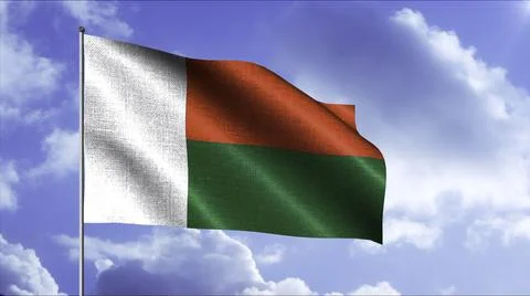 Madagascar flag waving in the wind on the background of blue cloudy sky Stock Illustration