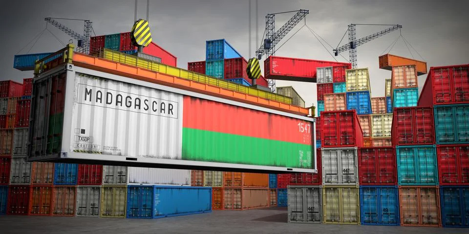 Madagascar - freight container in cargo terminal - 3D illustration Stock Illustration