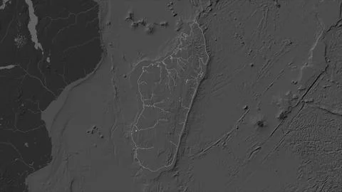 Madagascar highlighted on a Bilevel elevation map with lakes and rivers Stock Illustration