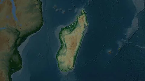 Madagascar highlighted on a Colored elevation map with lakes and rivers Stock Illustration