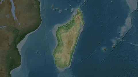 Madagascar highlighted on a Pale colored elevation map with lakes and rivers Stock Illustration