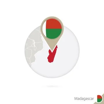 Madagascar map and flag in circle. Map of Madagascar, Madagascar flag pin. .. Stock Illustration