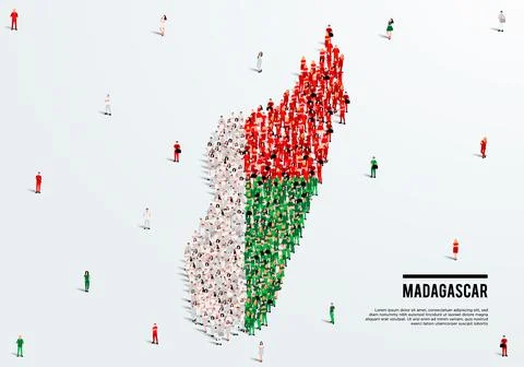 Madagascar Map and Flag. A large group of people in the Madagascar flag color. 스톡 일러스트