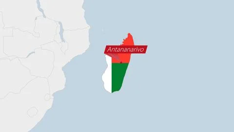 Madagascar map highlighted in Madagascar flag colors and pin of country cap.. Stock Illustration