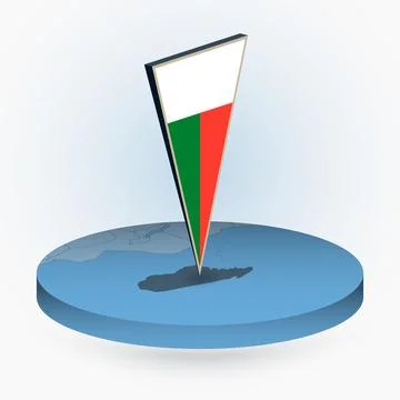Madagascar map in round isometric style with triangular 3D flag of Madagascar Stock Illustration