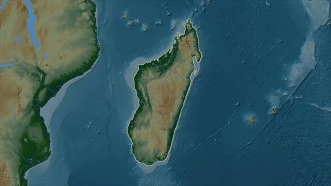 Madagascar outlined on a Colored elevation map with lakes and rivers Stock Illustration