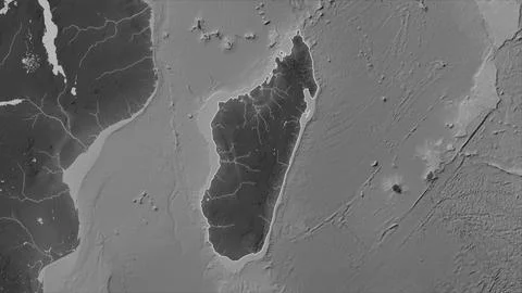 Madagascar outlined on a Grayscale elevation map with lakes and rivers Stock Illustration