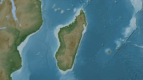 Madagascar outlined on a Pale colored elevation map with lakes and rivers Stock Illustration