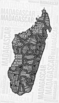Madagascar regions map word cloud. Madagascar region names. Black and white.. Stock Illustration
