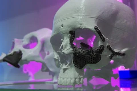 Madame of the human skull with implants made using 3D printing technology. Me Stock Photos