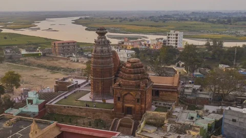 Madan Mohan temple in Vrindavan, 4k aerial hyperlapse with drone Stock Footage 107652296