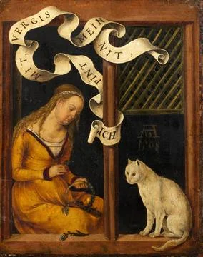 Mädchen macht eine Girlande, die Katze sitzt daneben, ca 1508, Bild von Ha.. Stock Photos
