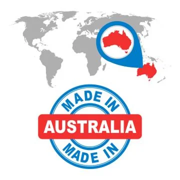 Made in Australia stamp. World map with red country. Vector emblem in flat st Stock Illustration