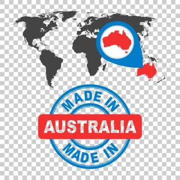 Made in Australia stamp. World map with red country. Vector emblem in flat st Stock Illustration