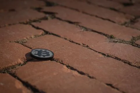 Made from black plastic custom bit coin in nature Fotos de archivo