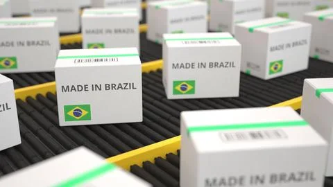 MADE IN BRAZIL text on white boxes on the industrial conveyor. 3D rendering Stock Illustration