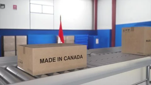 Made in CANADA import and export concept. Cardboard boxes with product from.. Stock Illustration