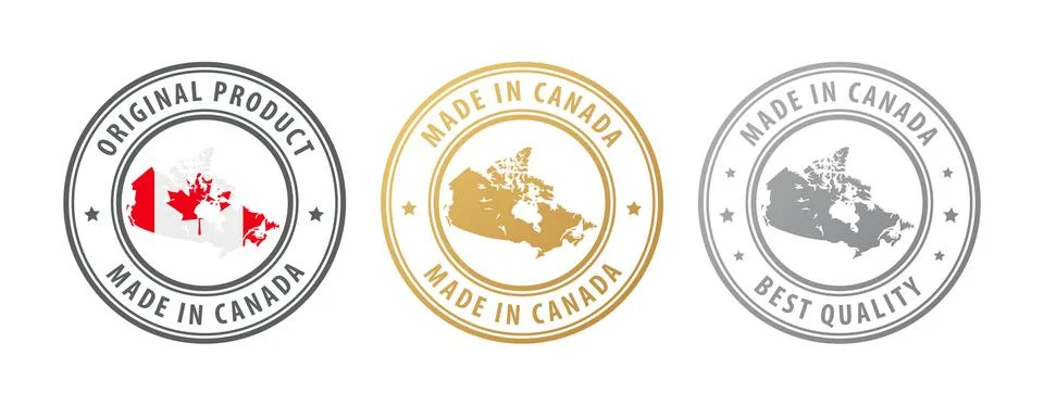 Made in Canada - set of stamps with map and flag. Best quality. Original product Stock Illustration