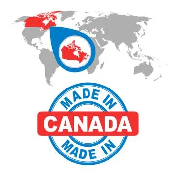 Made in Canada stamp. World map with red country. Vector emblem in flat style Stock Illustration