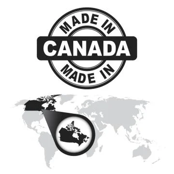 Made in Canada stamp. World map with zoom on country. Vector emblem in flat s Stock Illustration