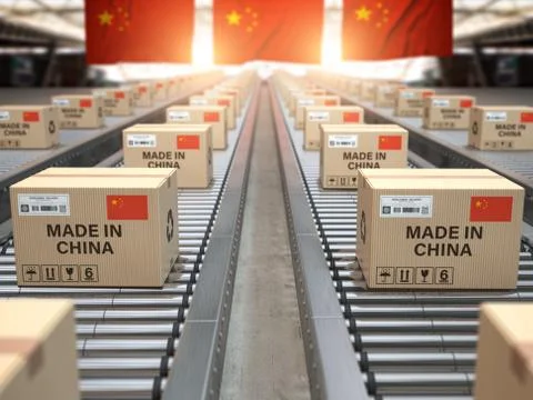 Made in China. Cardboard boxes with text made in China and chinese flag on th Иллюстрация