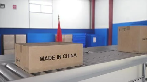 Made in China import and export concept. Cardboard boxes with product from .. Foto stock
