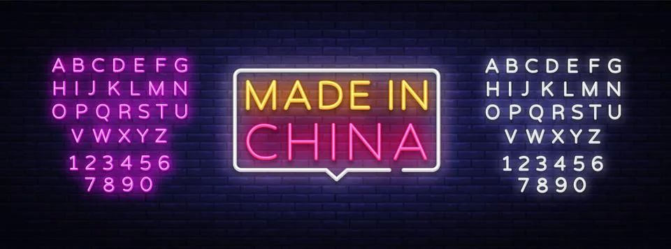 Made in China Neon Text Vector. Made in China neon sign, design template, modern Stock Illustration