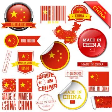 Made in China. Set of vector graphic icons and labels. Stock Illustration