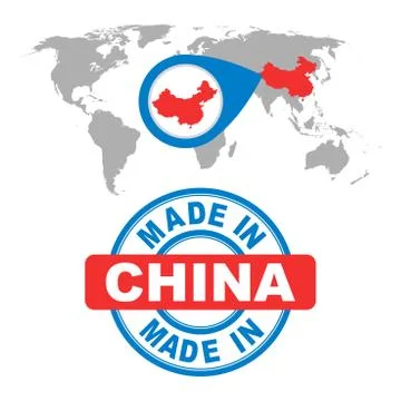 Made in China stamp. World map with red country. Vector emblem in flat style  Stock Illustration