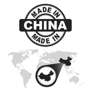 Made in China stamp. World map with zoom on country. Vector emblem in flat st Stock Illustration