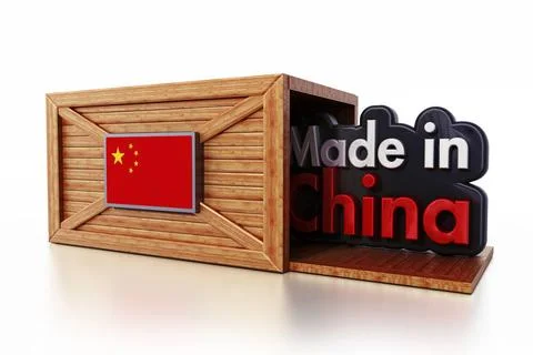 Made in China text inside cargo box with flag of China. 3D illustration Ma... Stock Photos