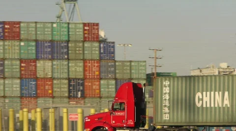 Made in China-Truck Delivering a Container at Port Stock Footage